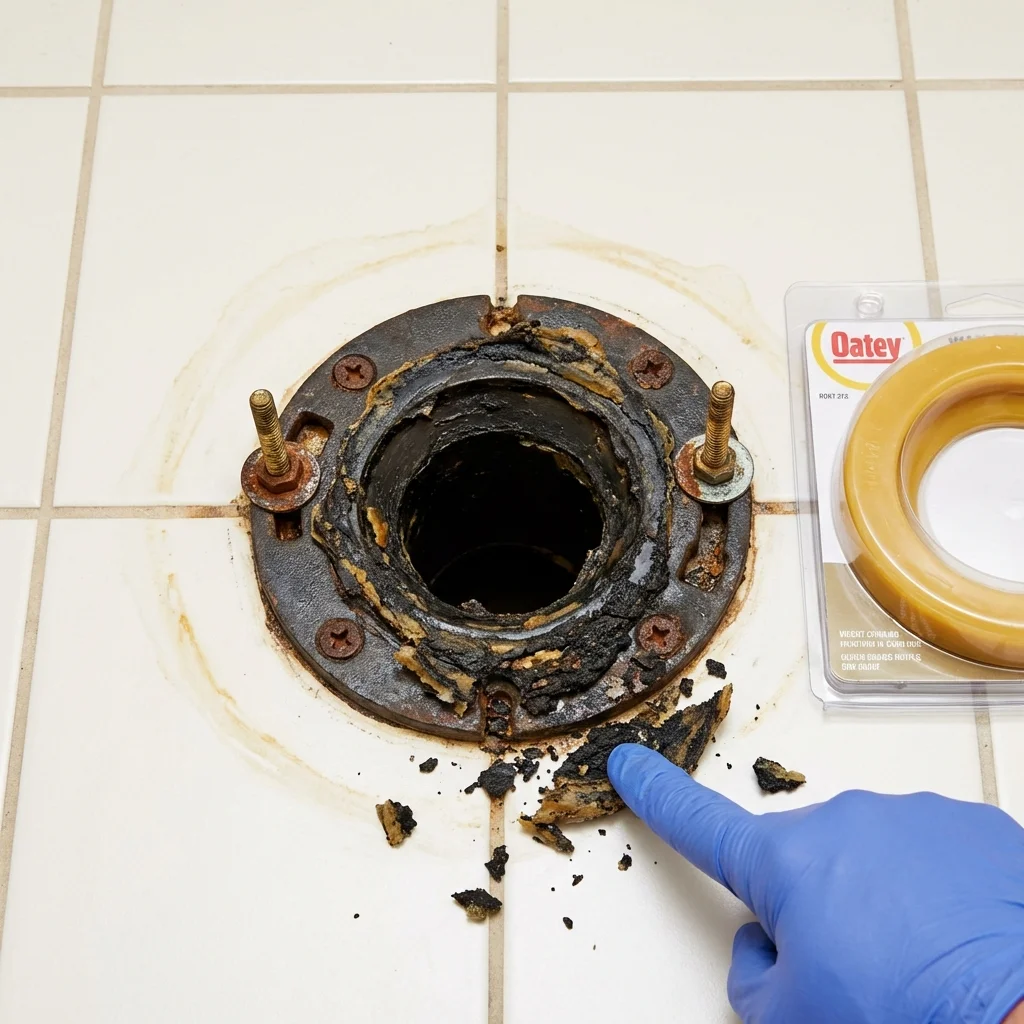 Failed wax ring showing water seepage at the base of a toilet in a Stockbridge, MI home