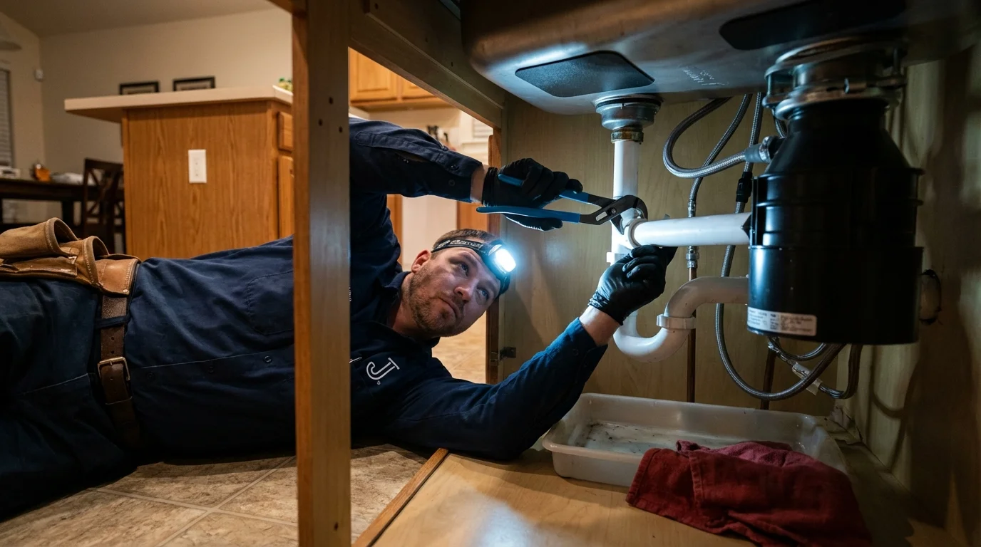 P-trap and supply line connections under a kitchen sink showing a common leak point in Stockbridge, MI