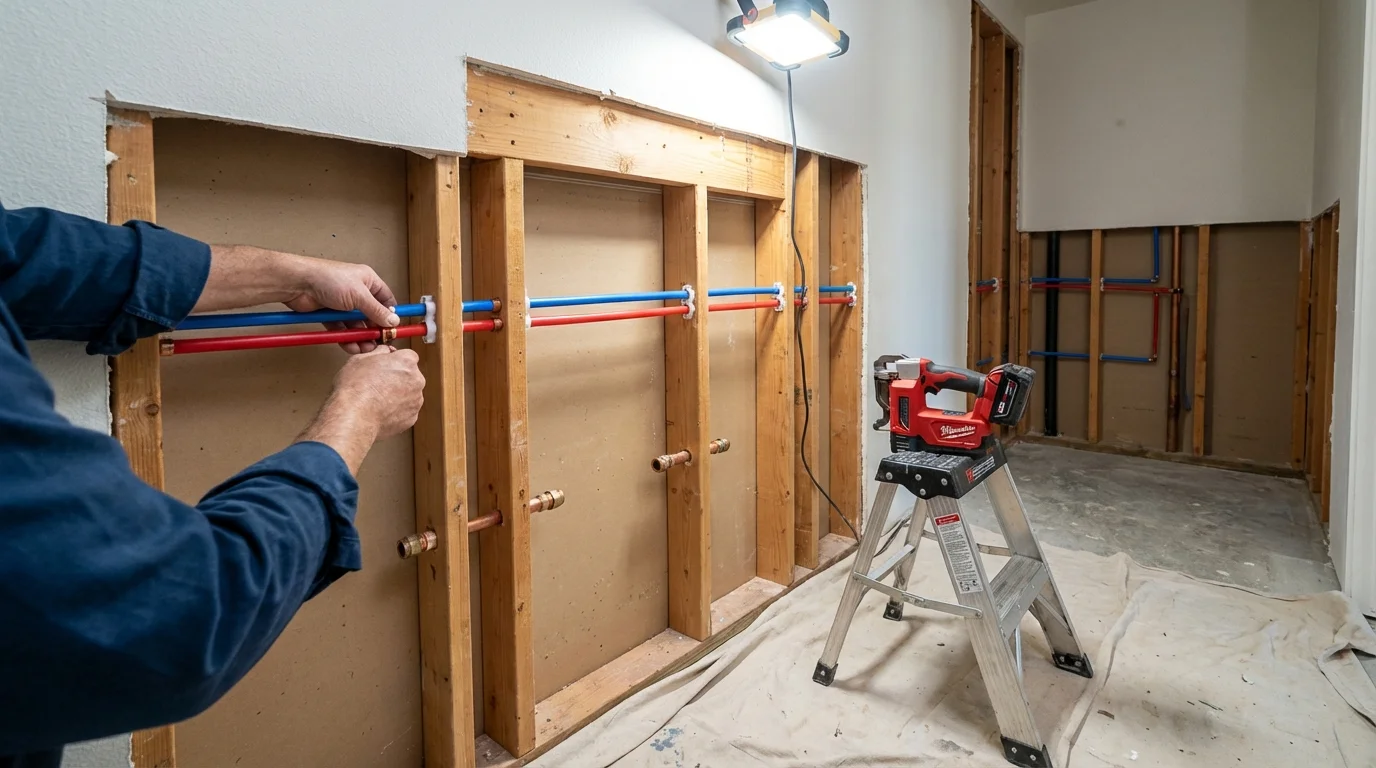 Old galvanized pipes being replaced with modern PEX piping during a whole-house repipe in Stockbridge, MI